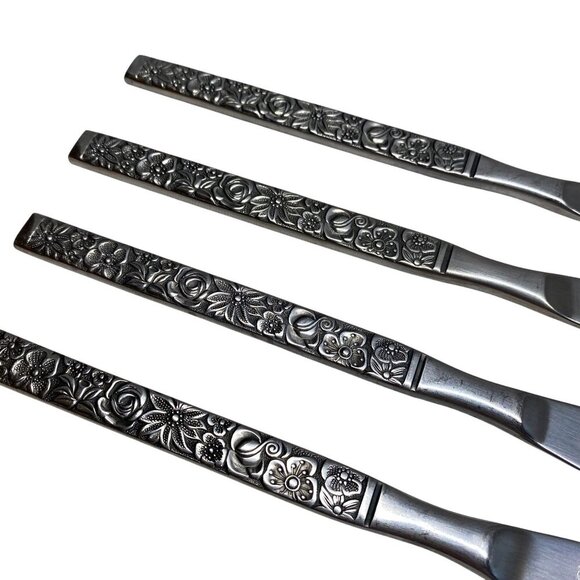 Set Of 4 Floral Handle Stainless Steel Butter Hand Forged Finesse Korea Vintage - Picture 2 of 5